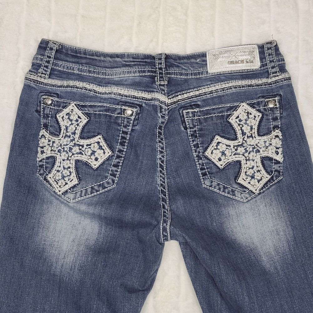 Grace in LA Jeans Womens 30 Blue Easy Fit Embellished Pocket Medium Wash Denim